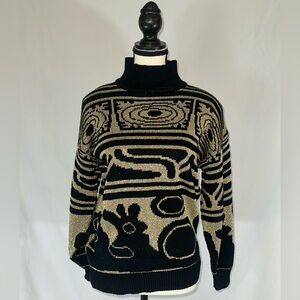 GB • Vintage Black Gold Tribal Oversized Sweater • Metallic Gladys Bagley 80s